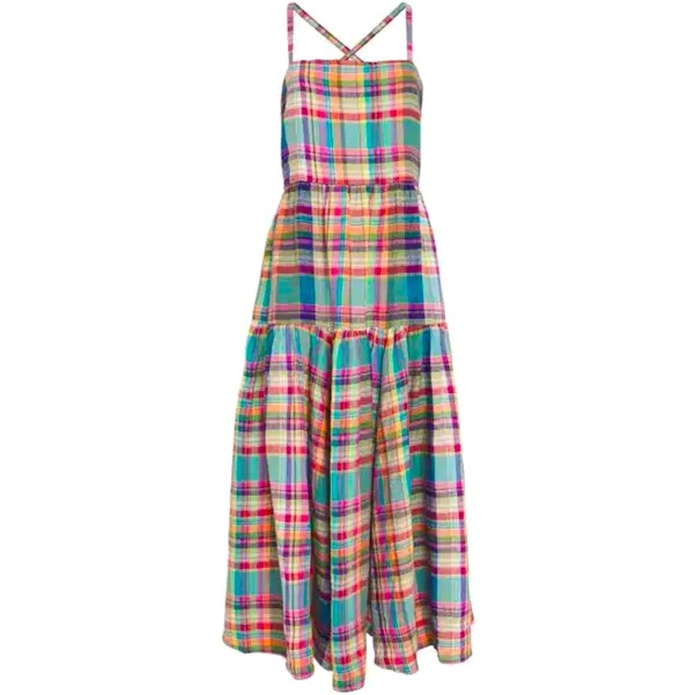 Polo Ralph Lauren Multicolor Madras Plaid Linen Midi Sundress Size 8 Preppy